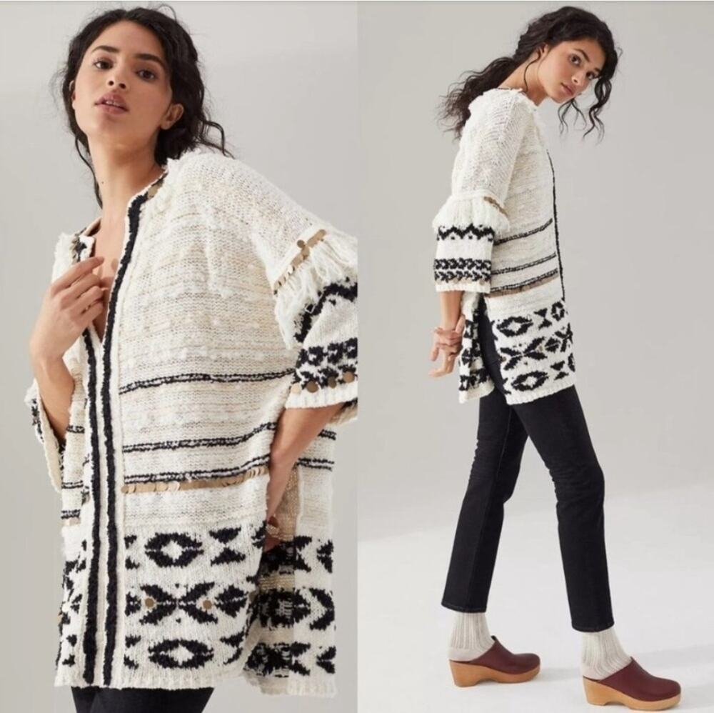 Anthropologie Boho Fringe Pullover Southwestern Knit Metallic Sequin Trim XS/S
